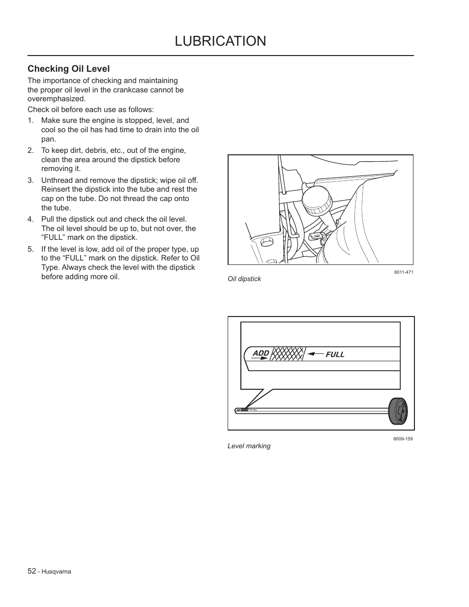 Checking oil level, Lubrication | HTC LZC5227 / 965879701 User Manual | Page 52 / 76