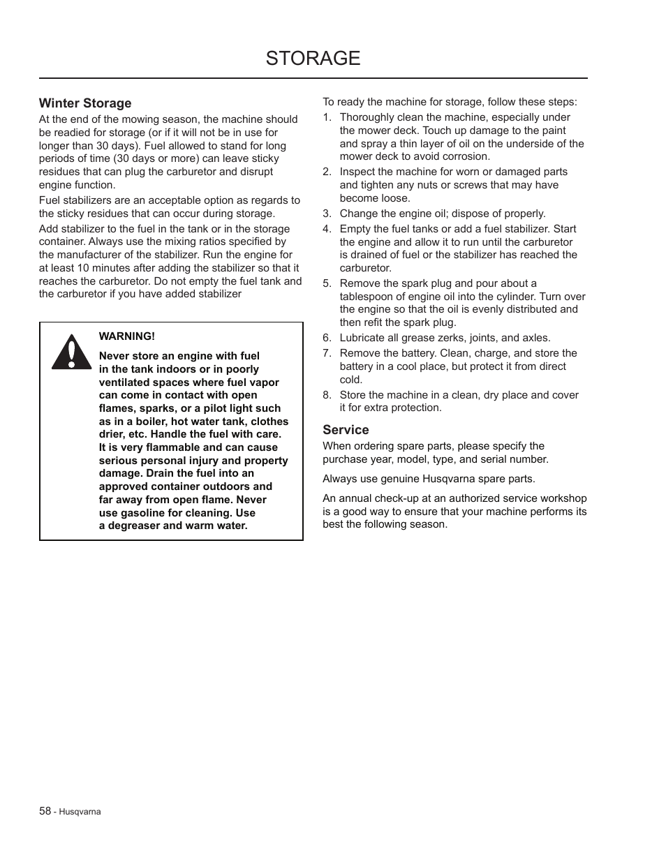 Storage, Winter storage, Service | HTC LZC5227 / 965879701 User Manual | Page 58 / 76