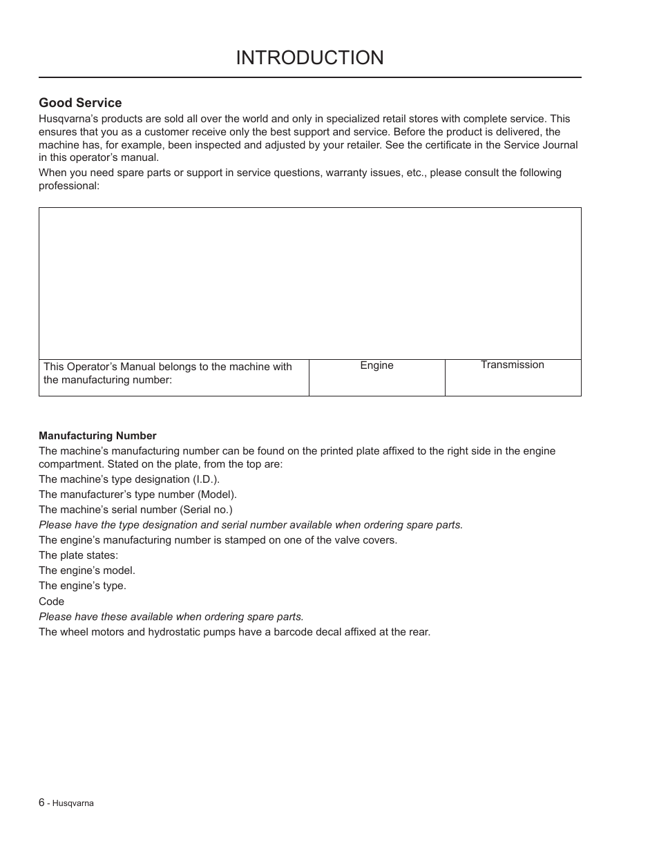 Good service, Manufacturing number, Introduction | HTC LZC5227 / 965879701 User Manual | Page 6 / 76