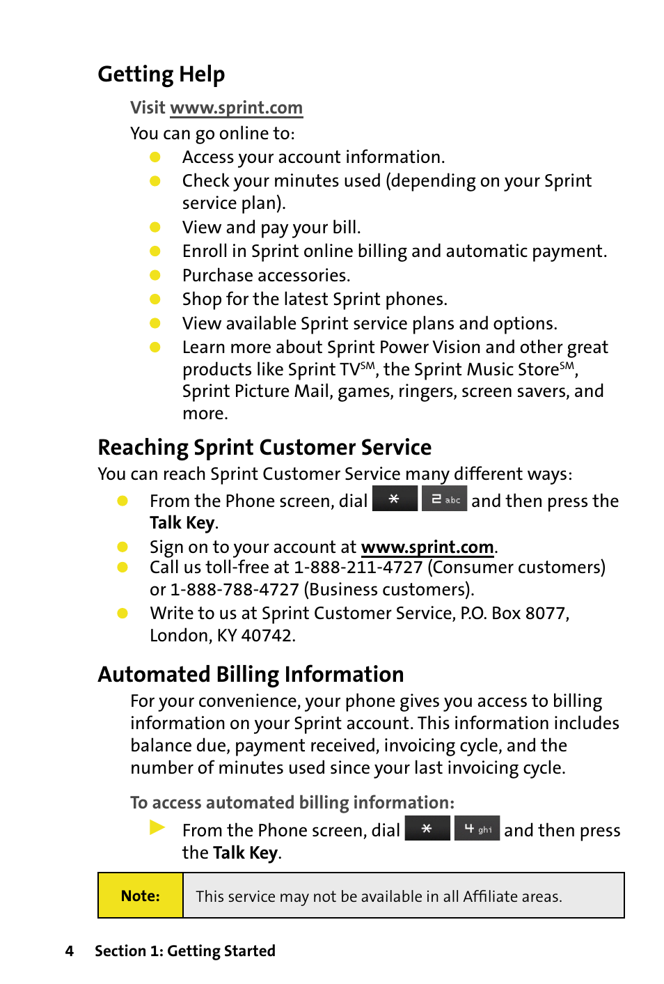 Getting help, Reaching sprint customer service, Automated billing information | HTC Dash User Manual | Page 10 / 158