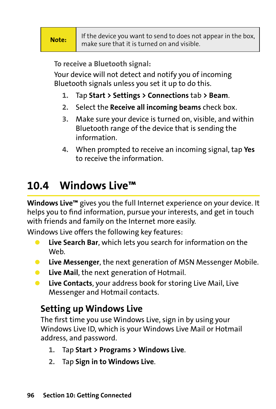 4 windows live, Setting up windows live | HTC Dash User Manual | Page 102 / 158