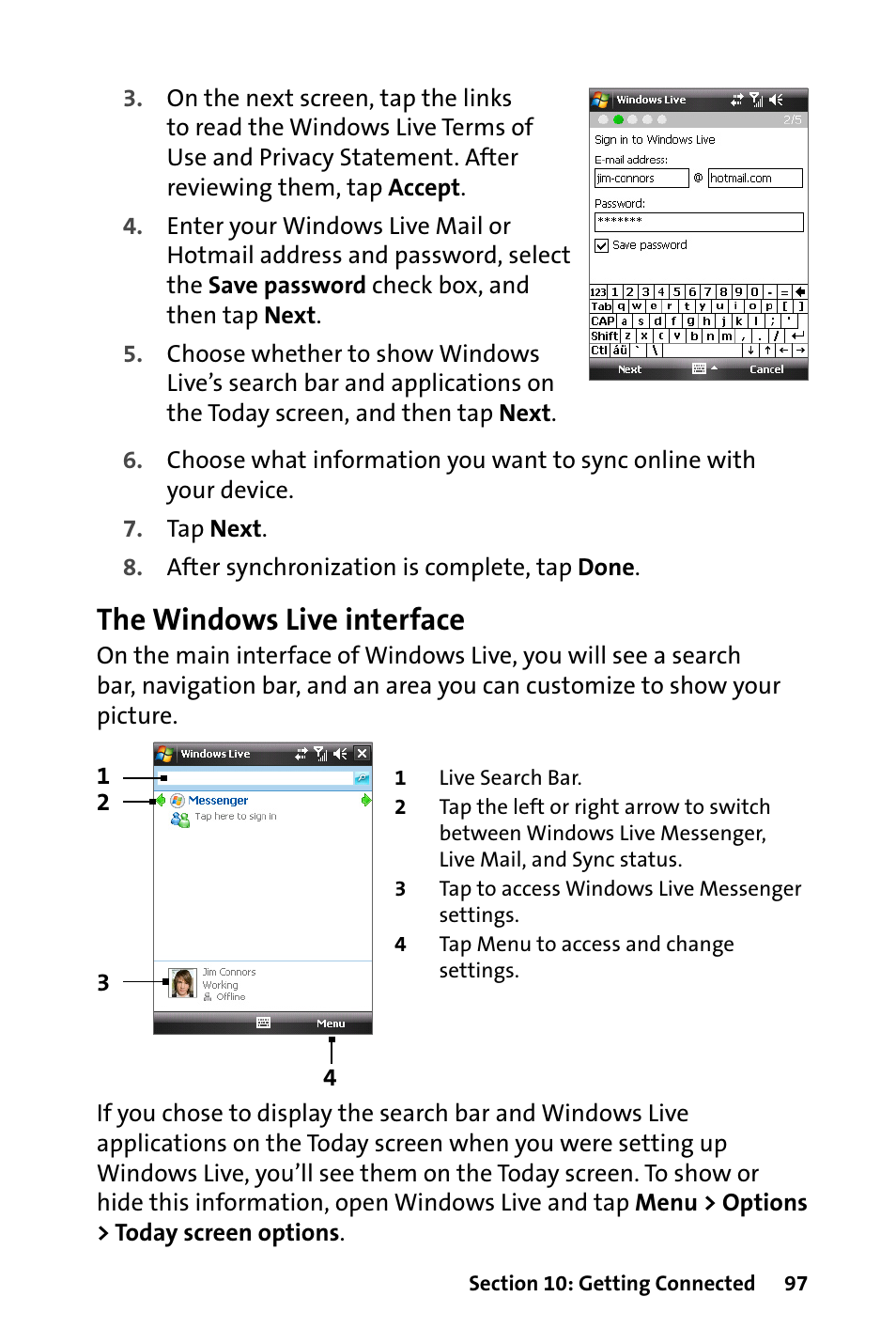 The windows live interface | HTC Dash User Manual | Page 103 / 158