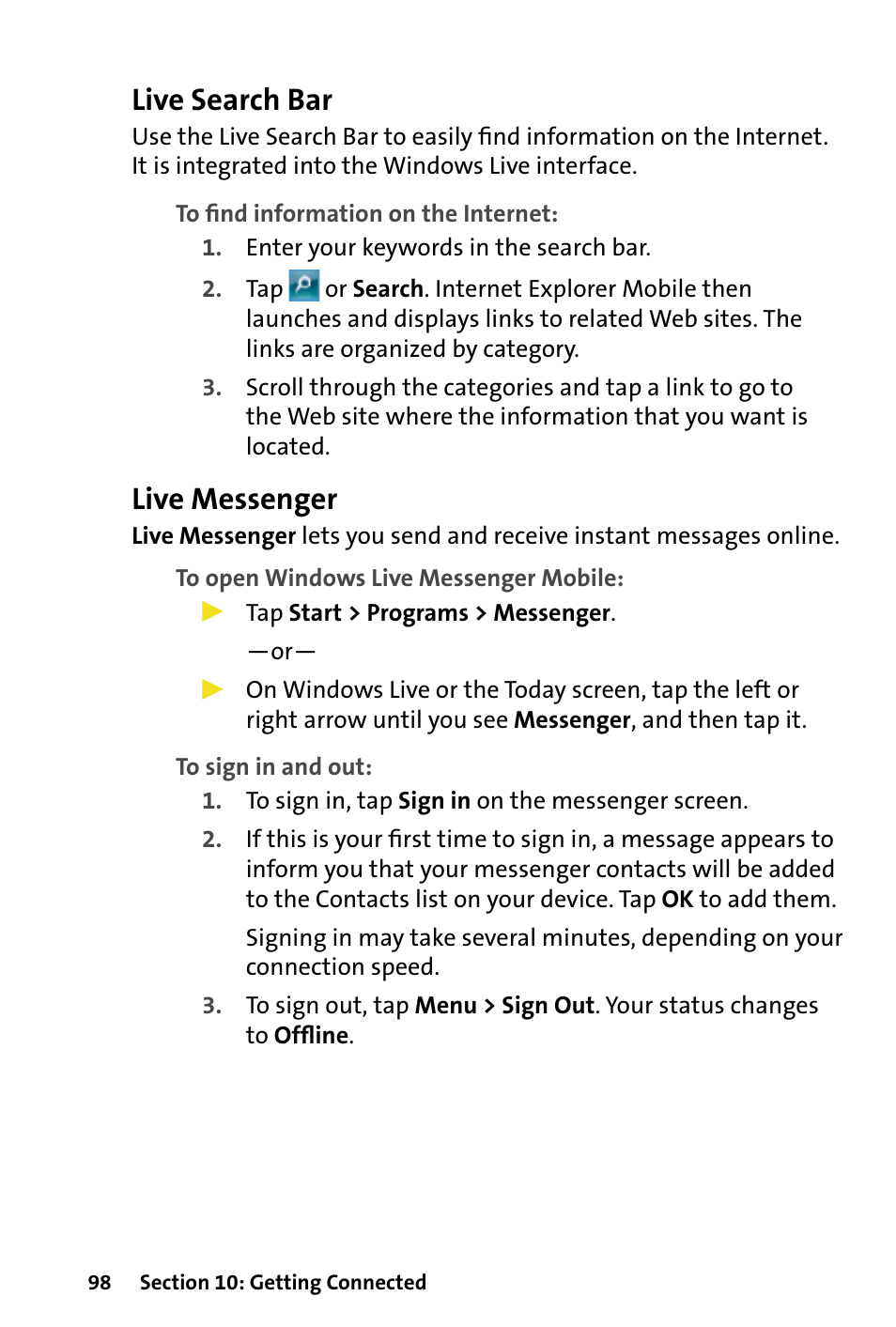 Live search bar, Live messenger | HTC Dash User Manual | Page 104 / 158