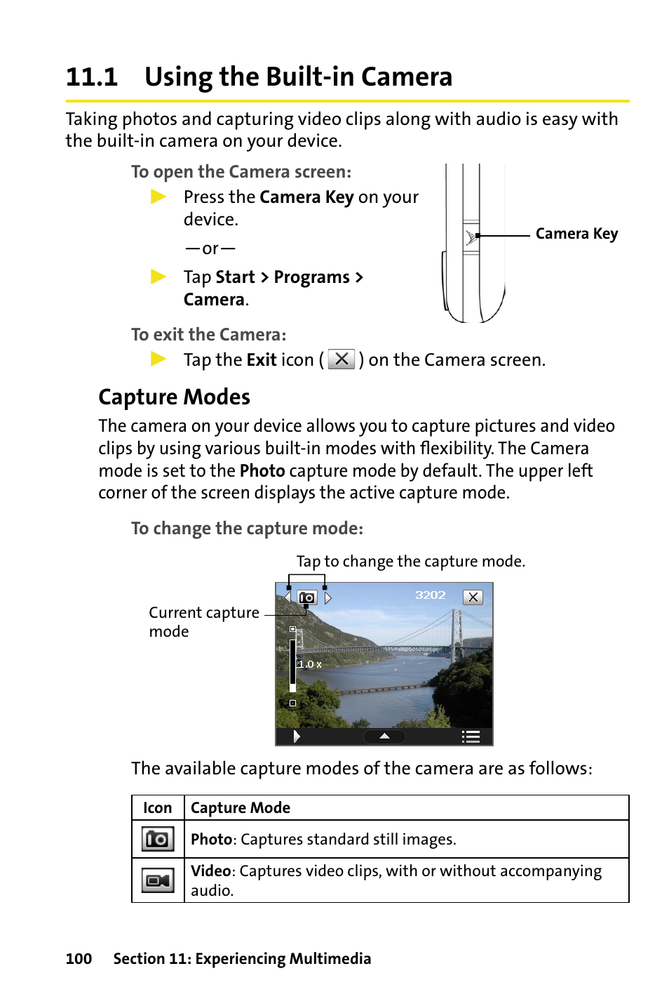 1 using the built-in camera, Capture modes | HTC Dash User Manual | Page 106 / 158