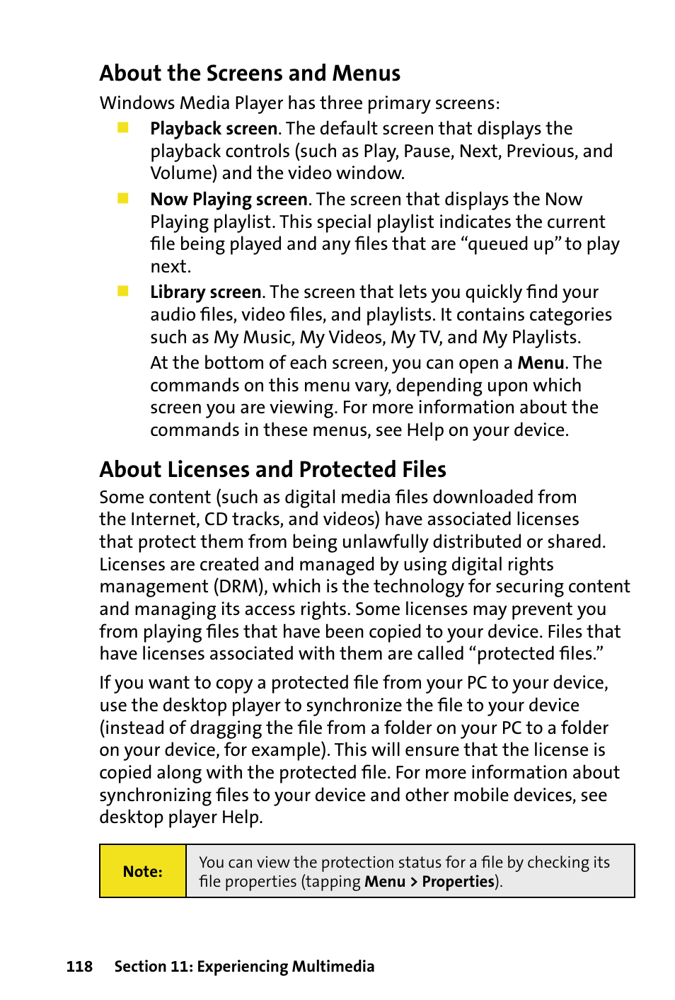 About the screens and menus, About licenses and protected files | HTC Dash User Manual | Page 124 / 158