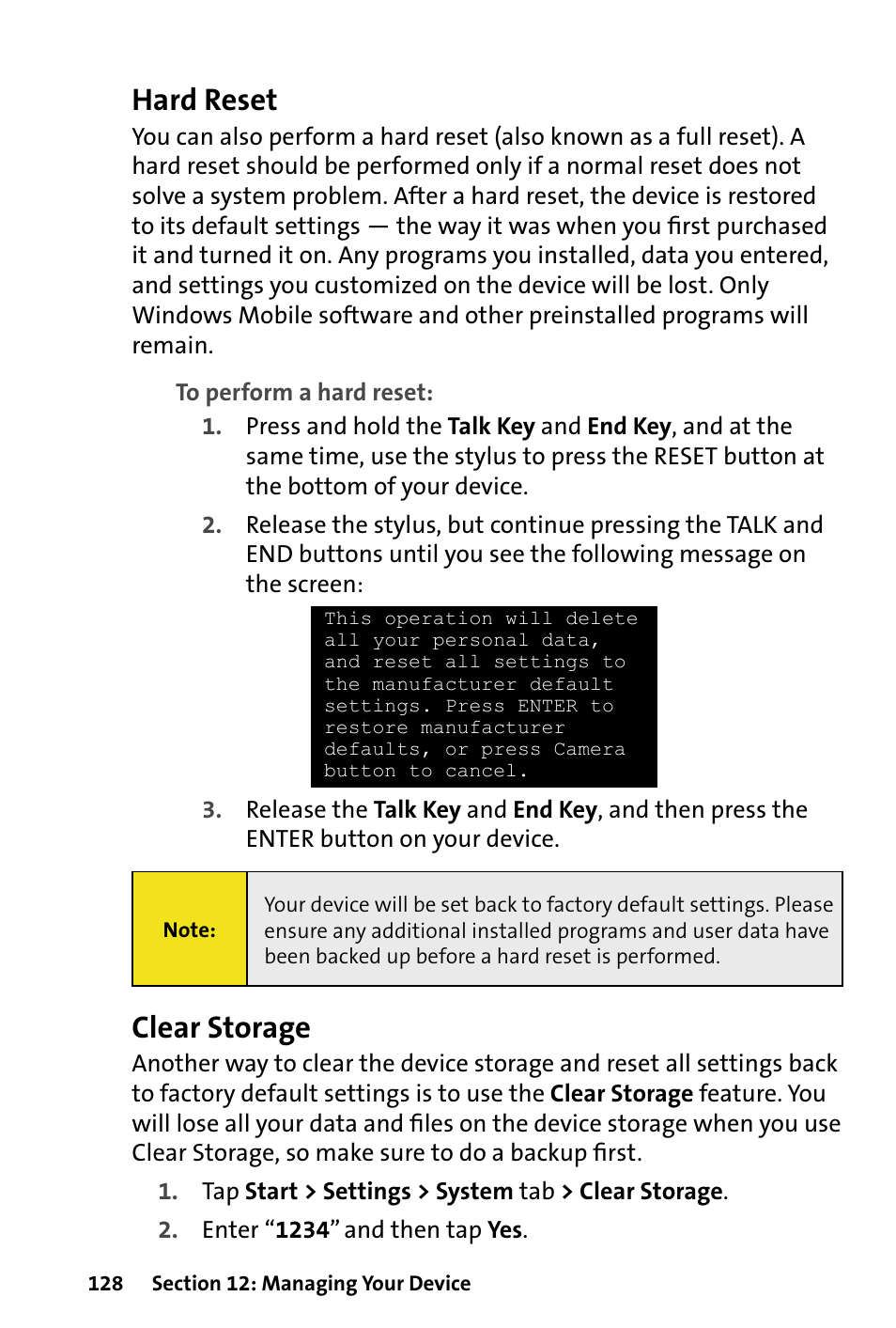Hard reset, Clear storage | HTC Dash User Manual | Page 134 / 158