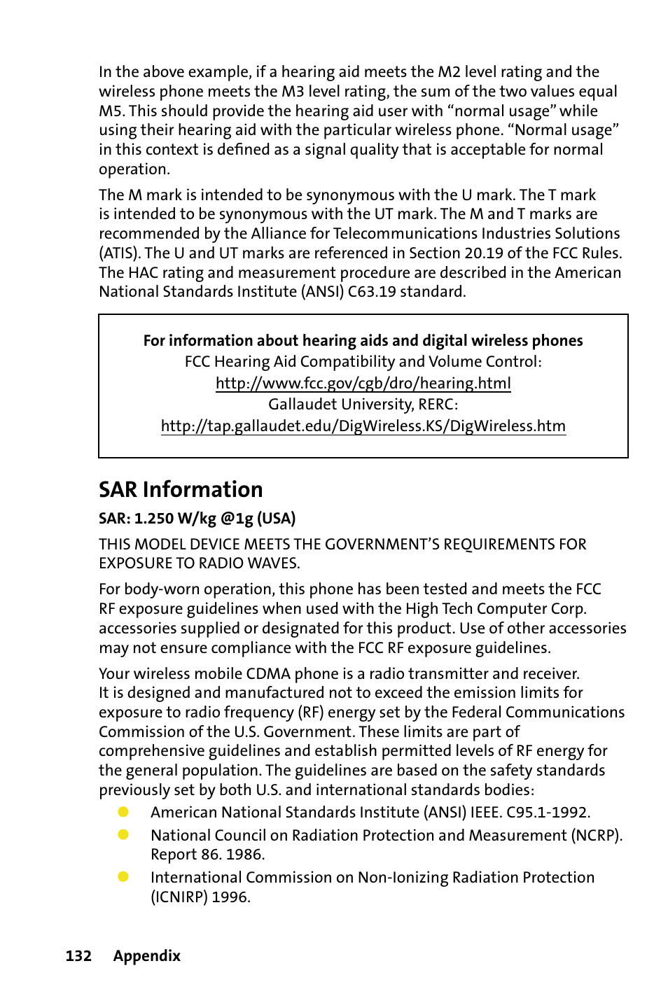 Sar information | HTC Dash User Manual | Page 138 / 158