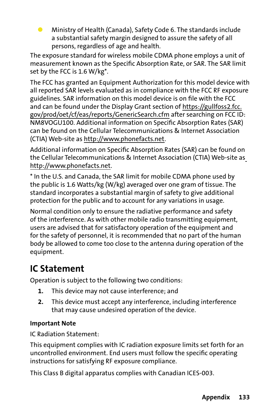 Ic statement | HTC Dash User Manual | Page 139 / 158