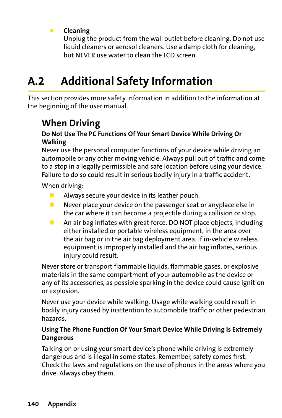 A.2 additional safety information, Additional safety information, When driving | HTC Dash User Manual | Page 146 / 158