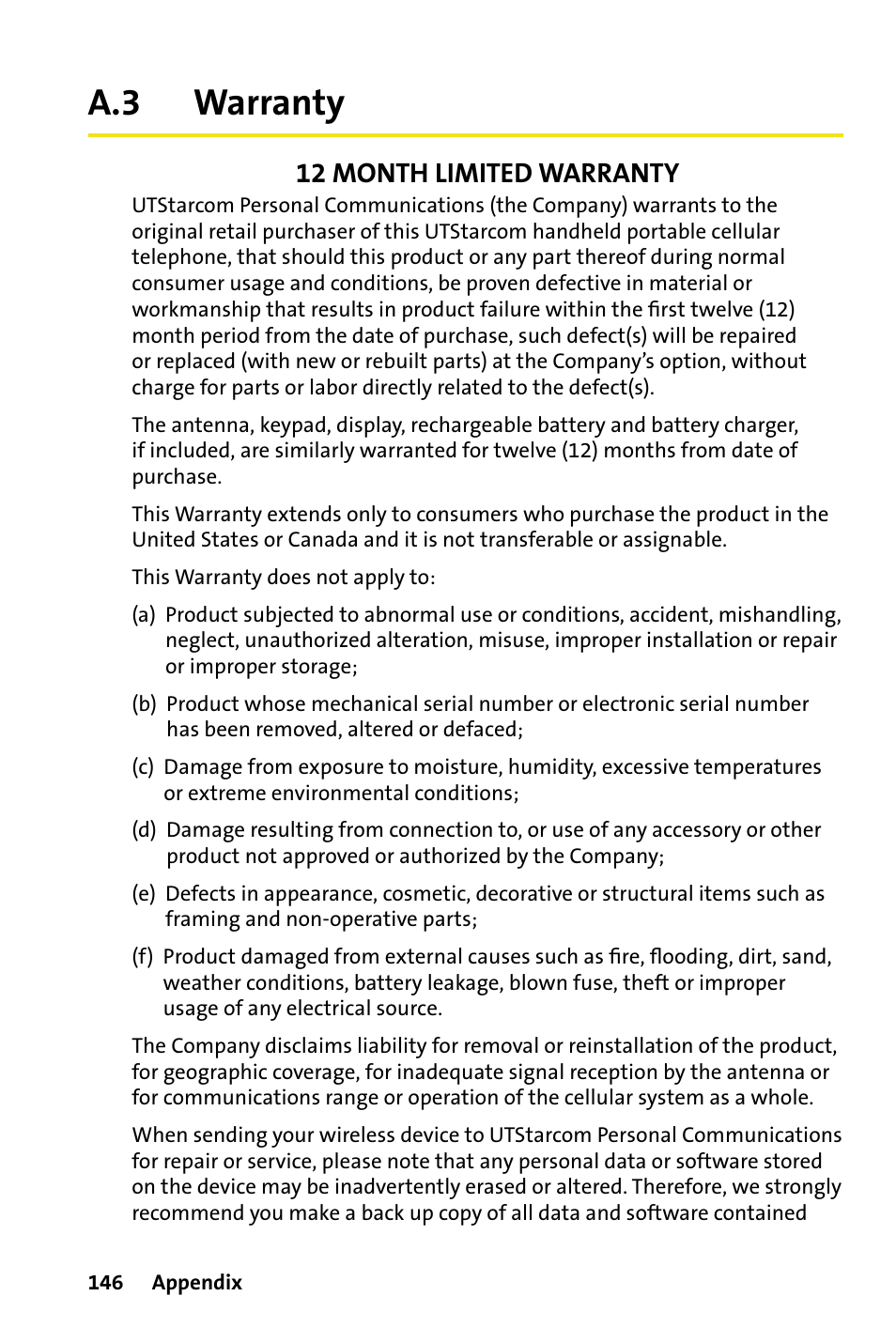 A.3 warranty, Warranty, 12 month limited warranty | HTC Dash User Manual | Page 152 / 158