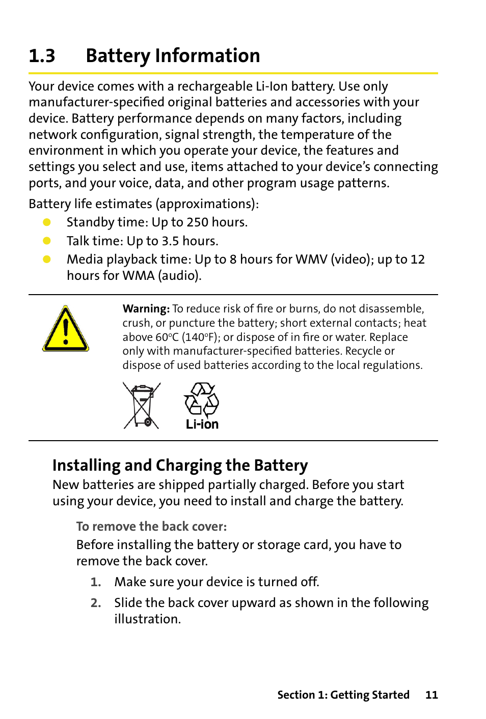 3 battery information, Battery information, Installing and charging the battery | HTC Dash User Manual | Page 17 / 158