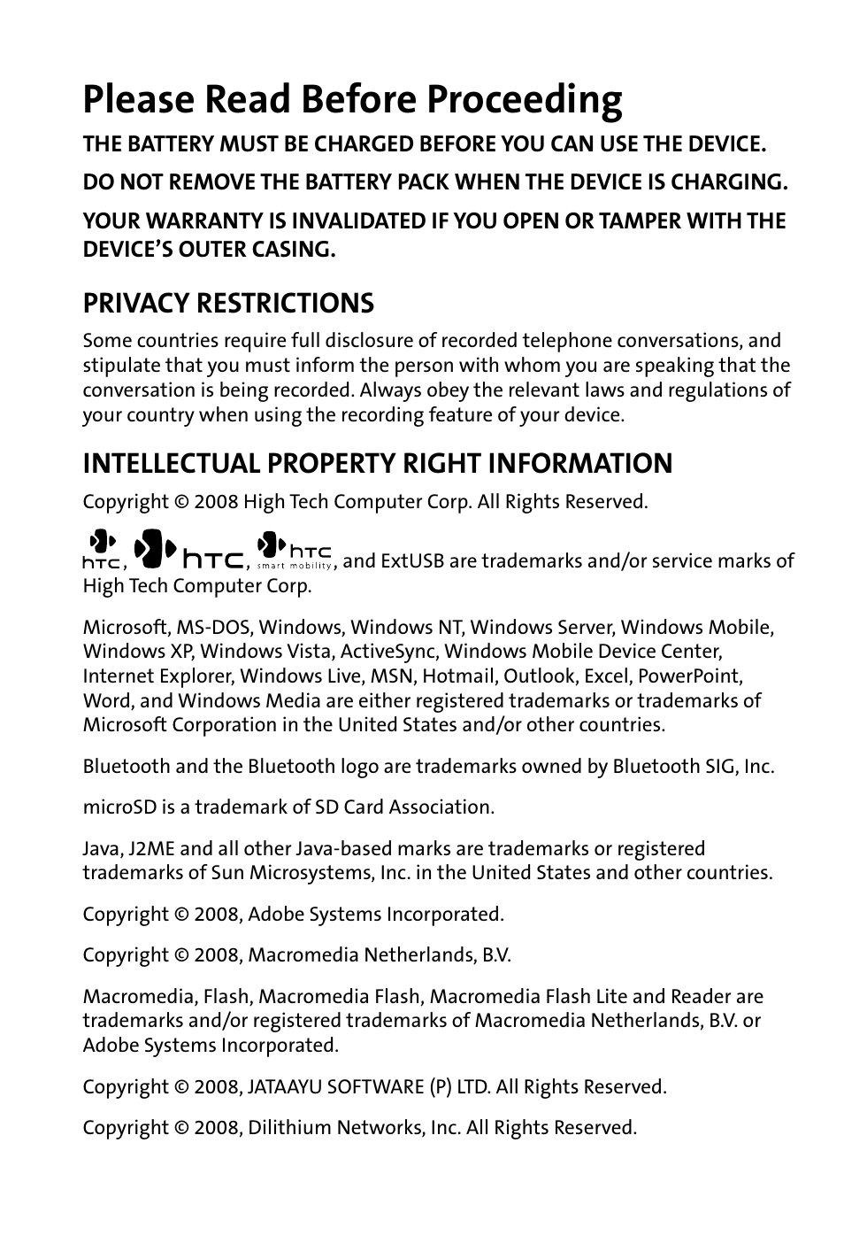 Please read before proceeding, Privacy restrictions, Intellectual property right information | HTC Dash User Manual | Page 2 / 158