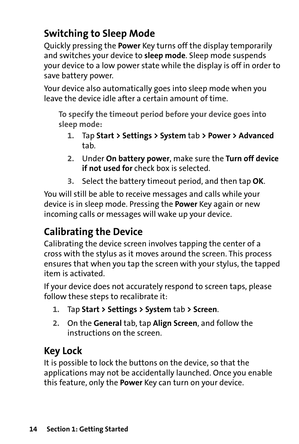 Switching to sleep mode, Calibrating the device, Key lock | HTC Dash User Manual | Page 20 / 158