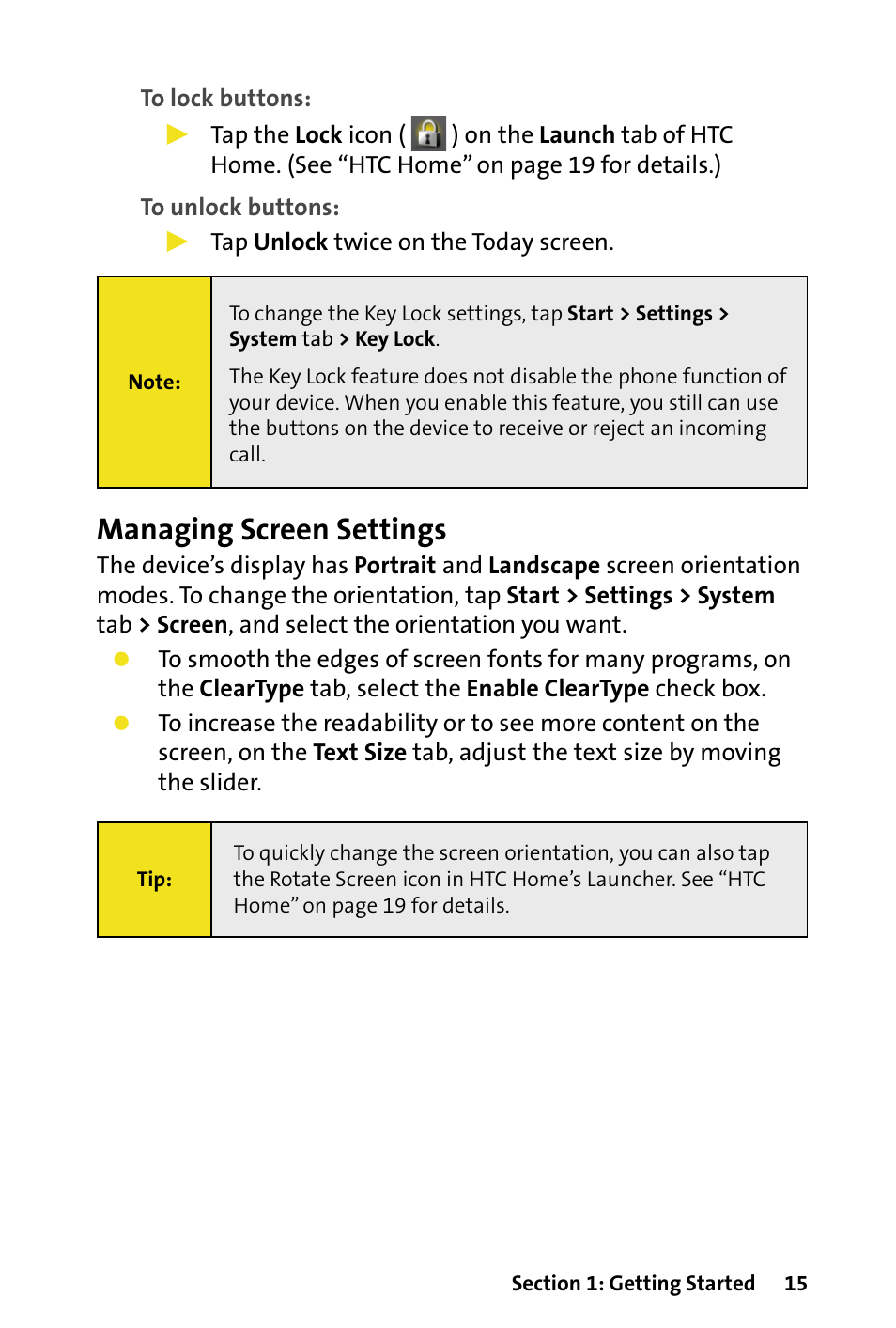 Managing screen settings | HTC Dash User Manual | Page 21 / 158