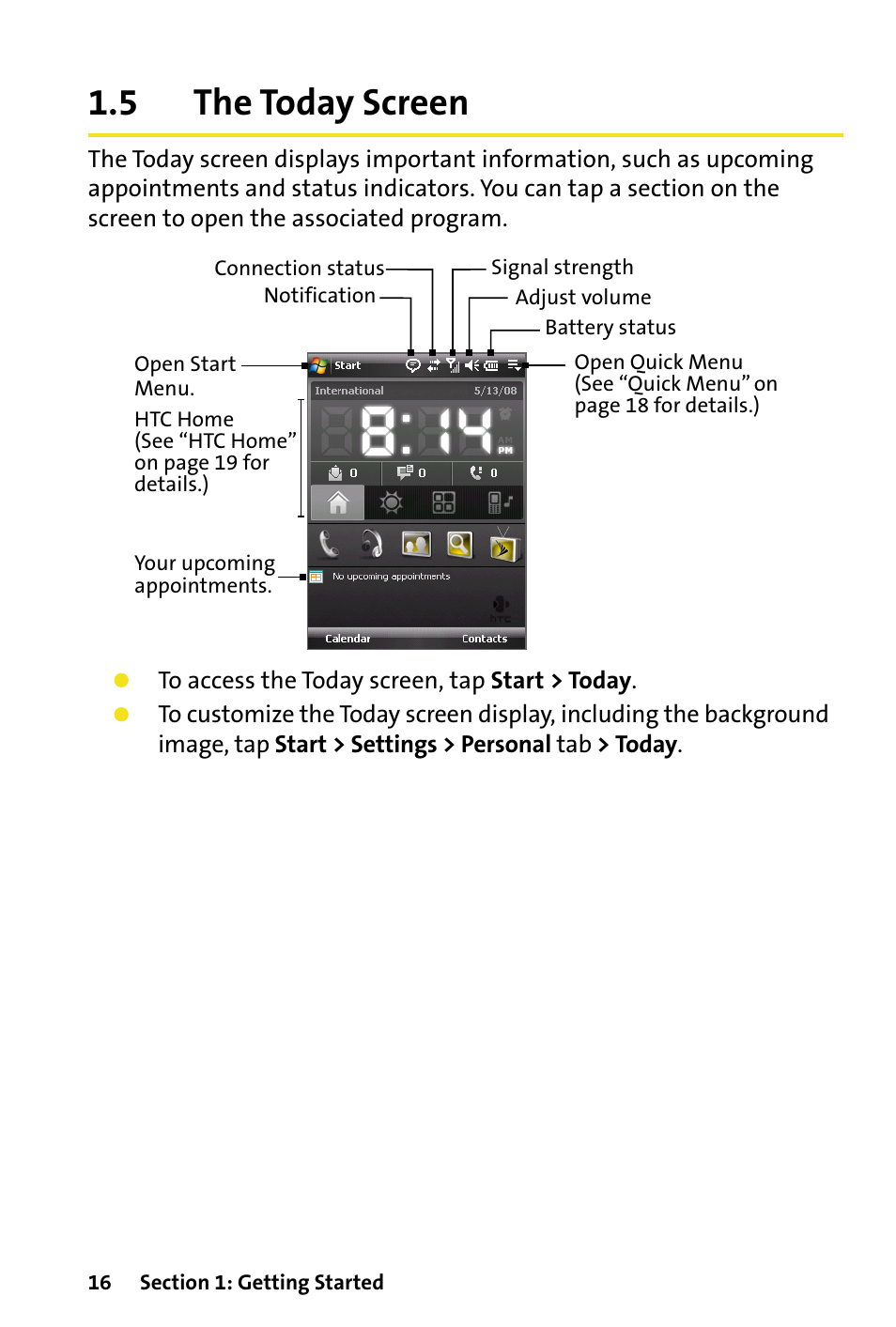 5 the today screen, The today screen | HTC Dash User Manual | Page 22 / 158