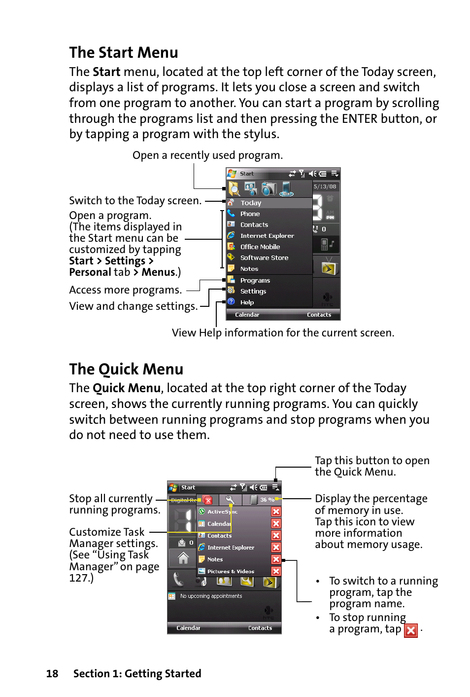 The start menu, The quick menu | HTC Dash User Manual | Page 24 / 158