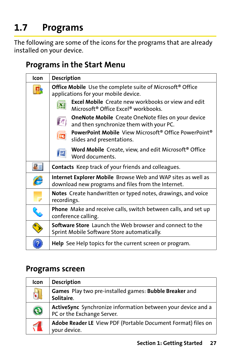 7 programs, Programs, Programs in the start menu | Programs screen | HTC Dash User Manual | Page 33 / 158