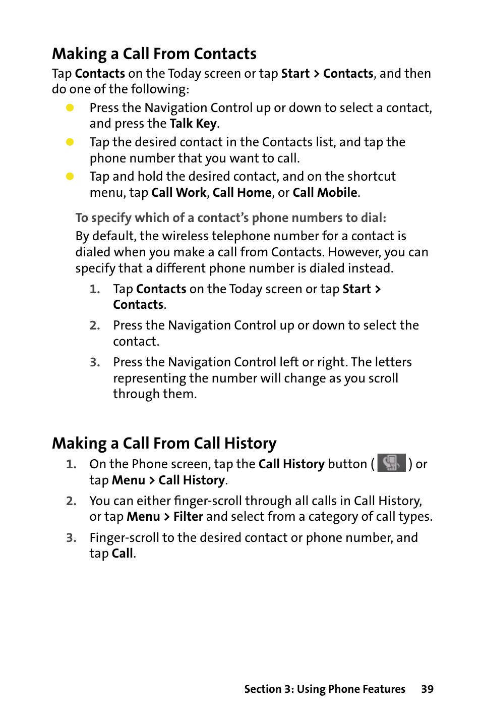 Making a call from contacts, Making a call from call history | HTC Dash User Manual | Page 45 / 158