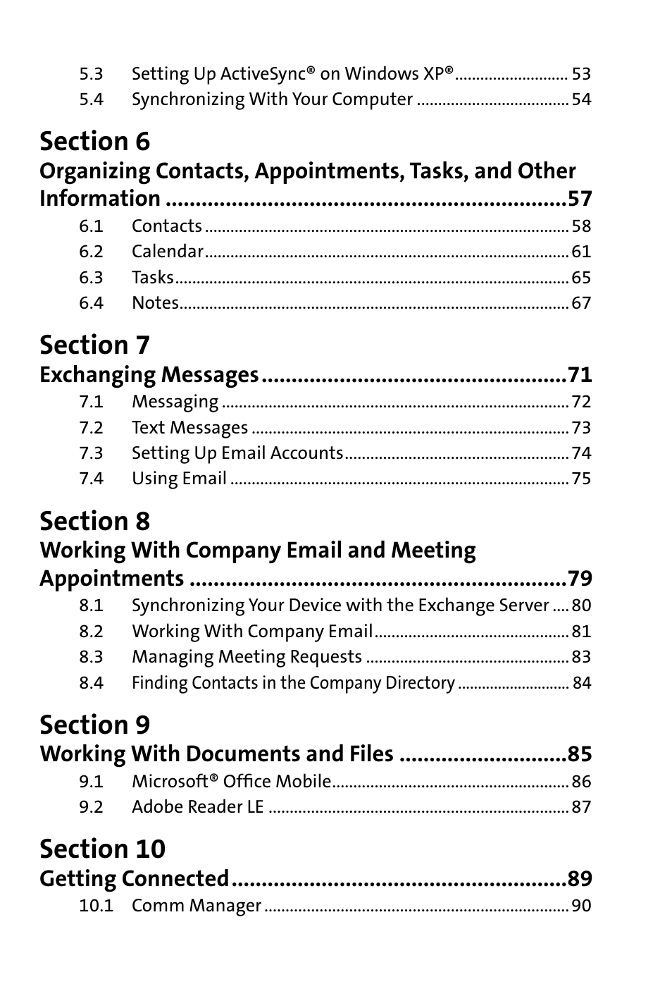 Exchanging messages, Working with documents and files, Getting connected | HTC Dash User Manual | Page 5 / 158