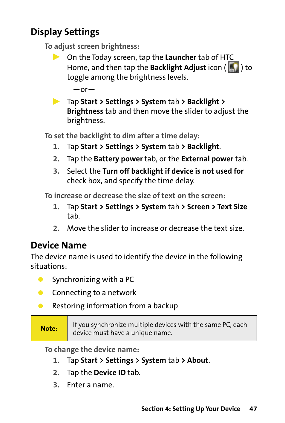 Display settings, Device name | HTC Dash User Manual | Page 53 / 158