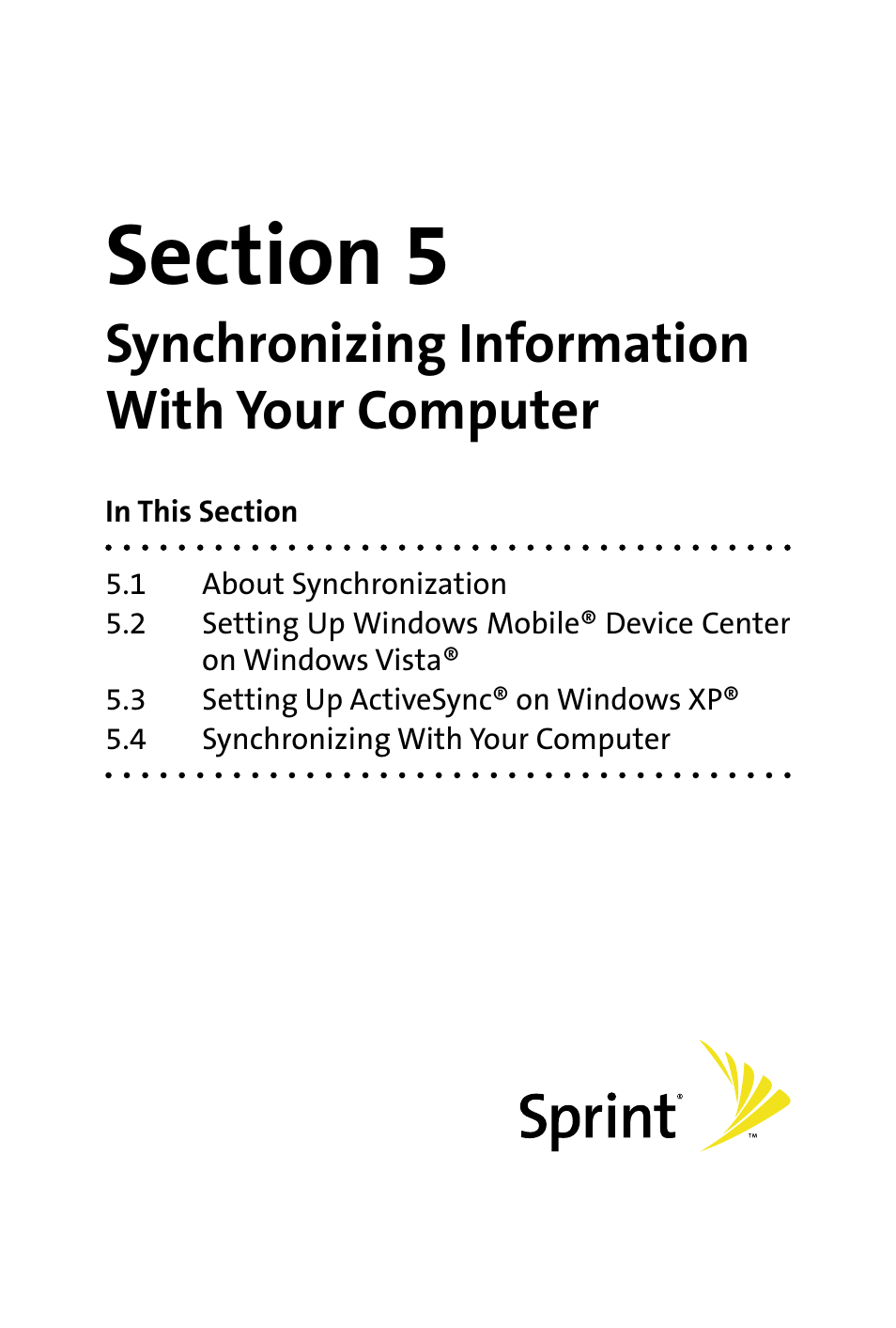 Section 5, Synchronizing information with your computer | HTC Dash User Manual | Page 55 / 158