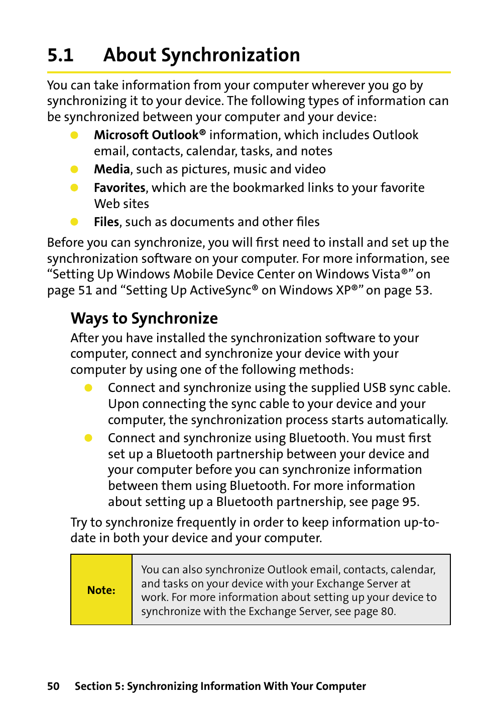 1 about synchronization, About synchronization, Ways to synchronize | HTC Dash User Manual | Page 56 / 158