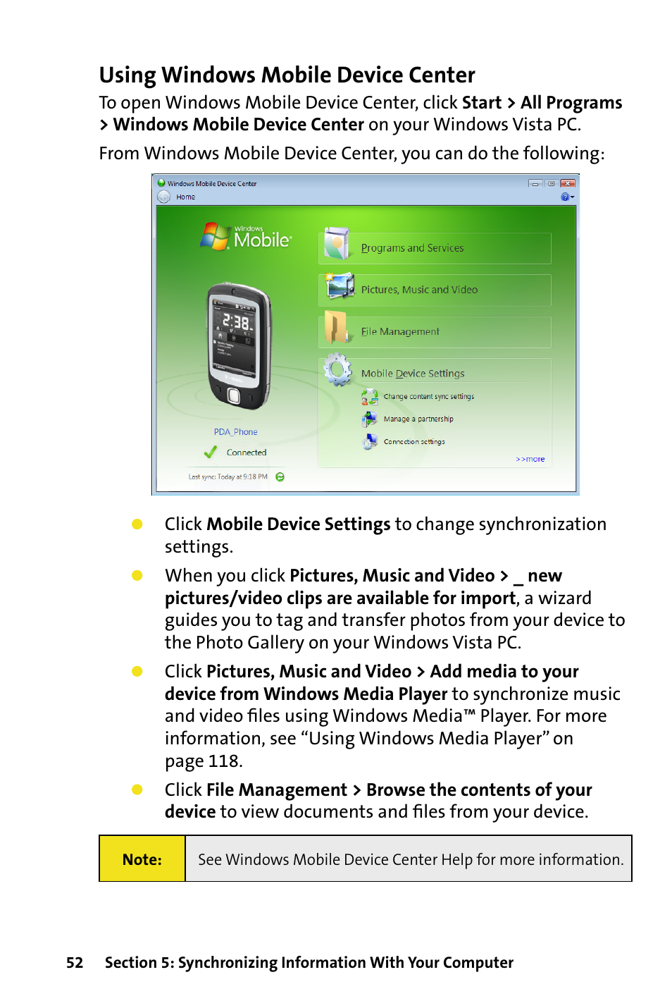 Using windows mobile device center | HTC Dash User Manual | Page 58 / 158