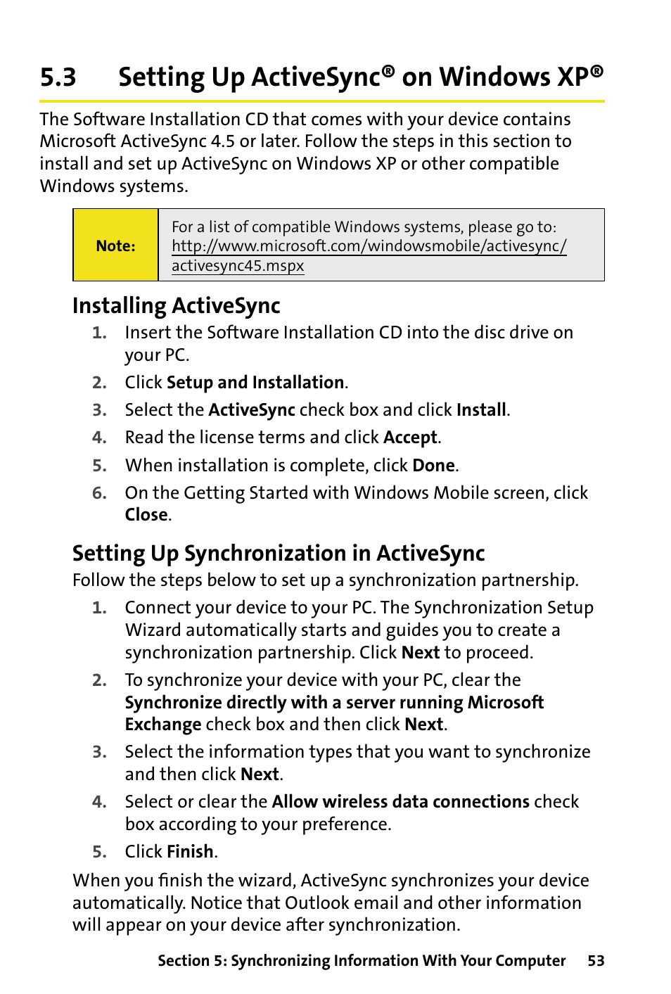 3 setting up activesync® on windows xp, Setting up activesync® on windows xp, Installing activesync | Setting up synchronization in activesync | HTC Dash User Manual | Page 59 / 158