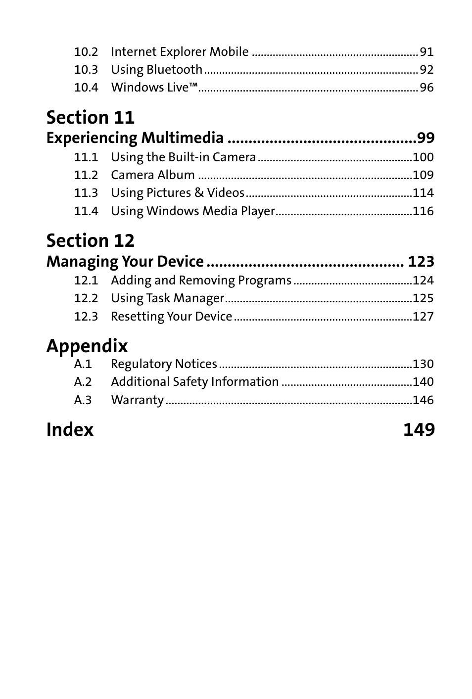 Appendix, Index 149 | HTC Dash User Manual | Page 6 / 158