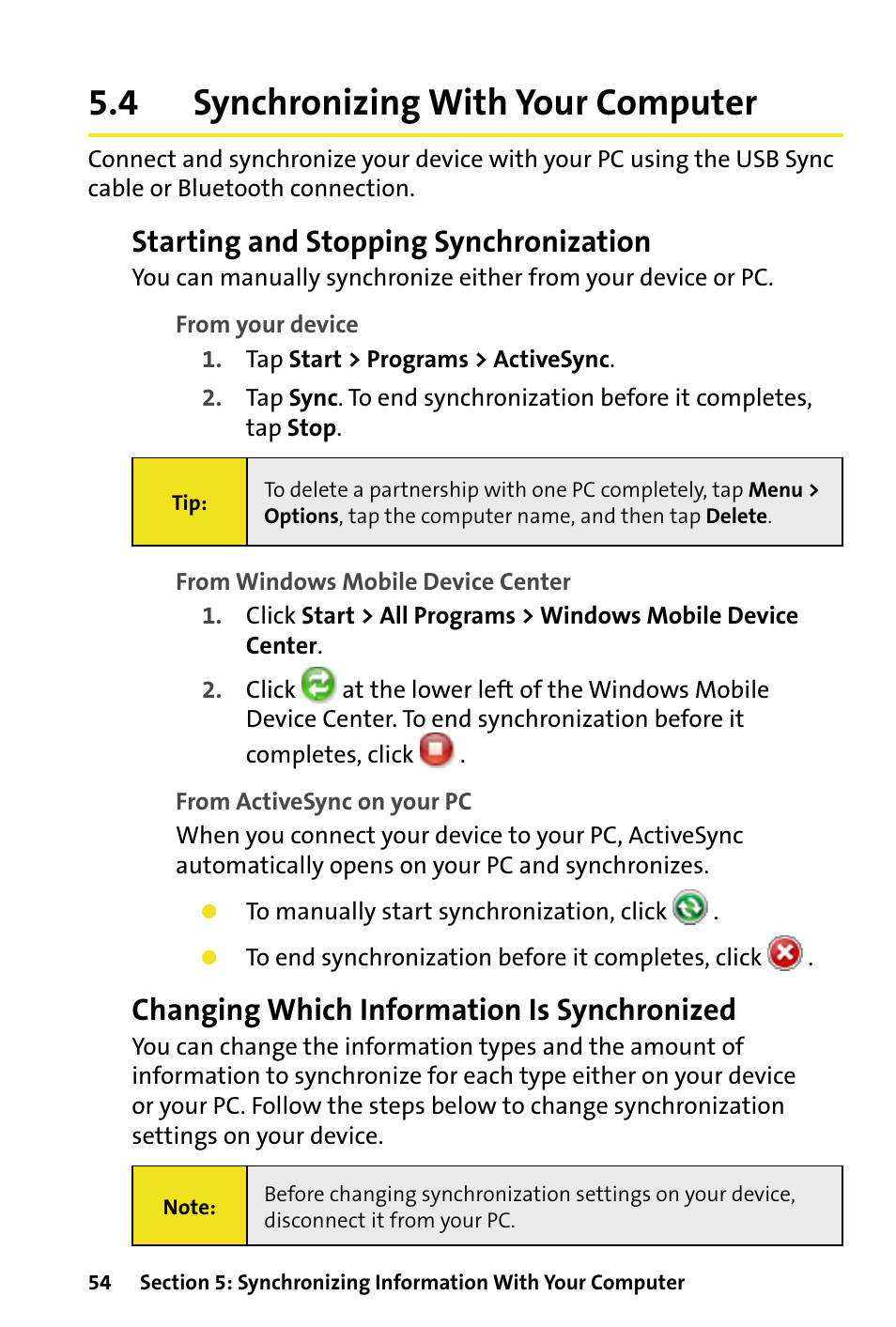 4 synchronizing with your computer, Synchronizing with your computer, Starting and stopping synchronization | Changing which information is synchronized | HTC Dash User Manual | Page 60 / 158