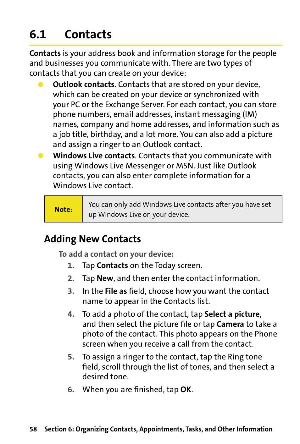 1 contacts, Contacts, Adding new contacts | HTC Dash User Manual | Page 64 / 158
