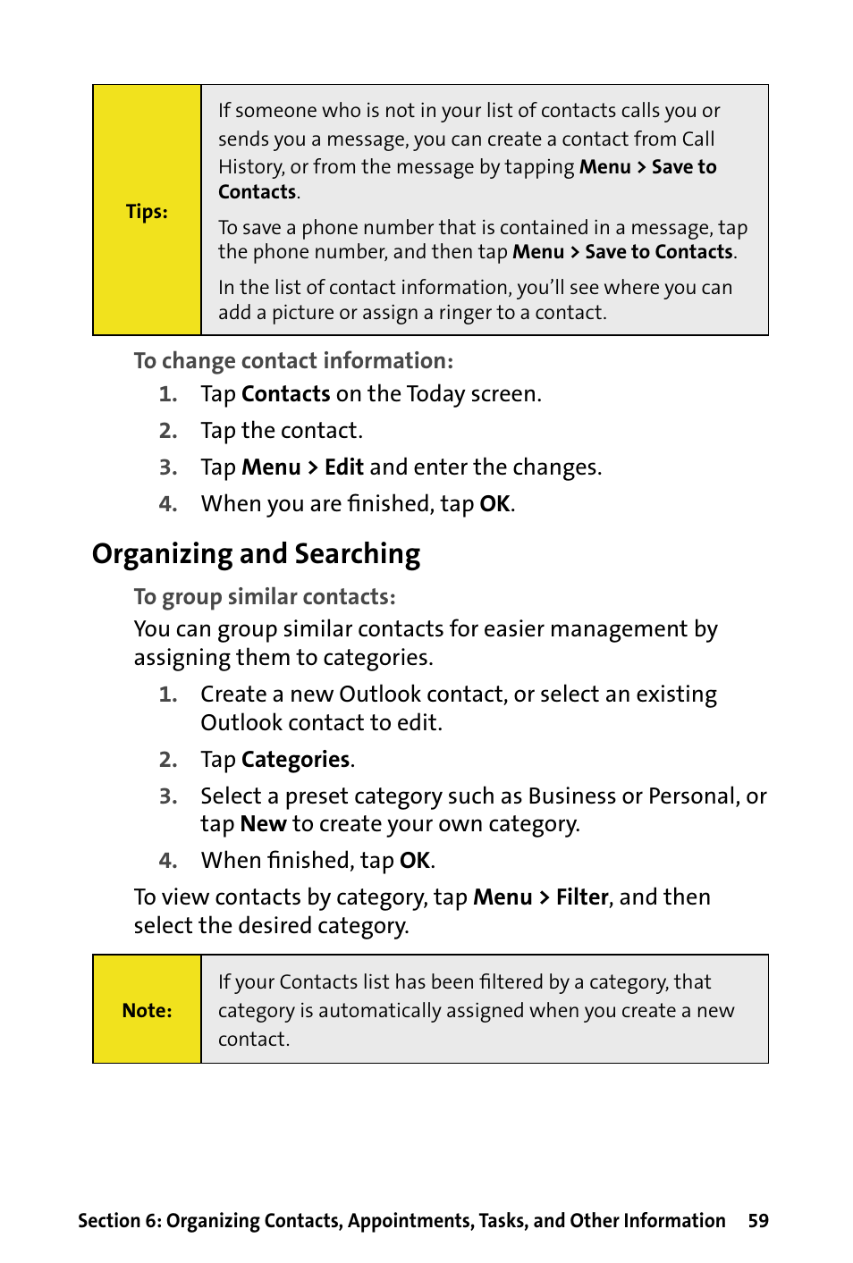Organizing and searching | HTC Dash User Manual | Page 65 / 158