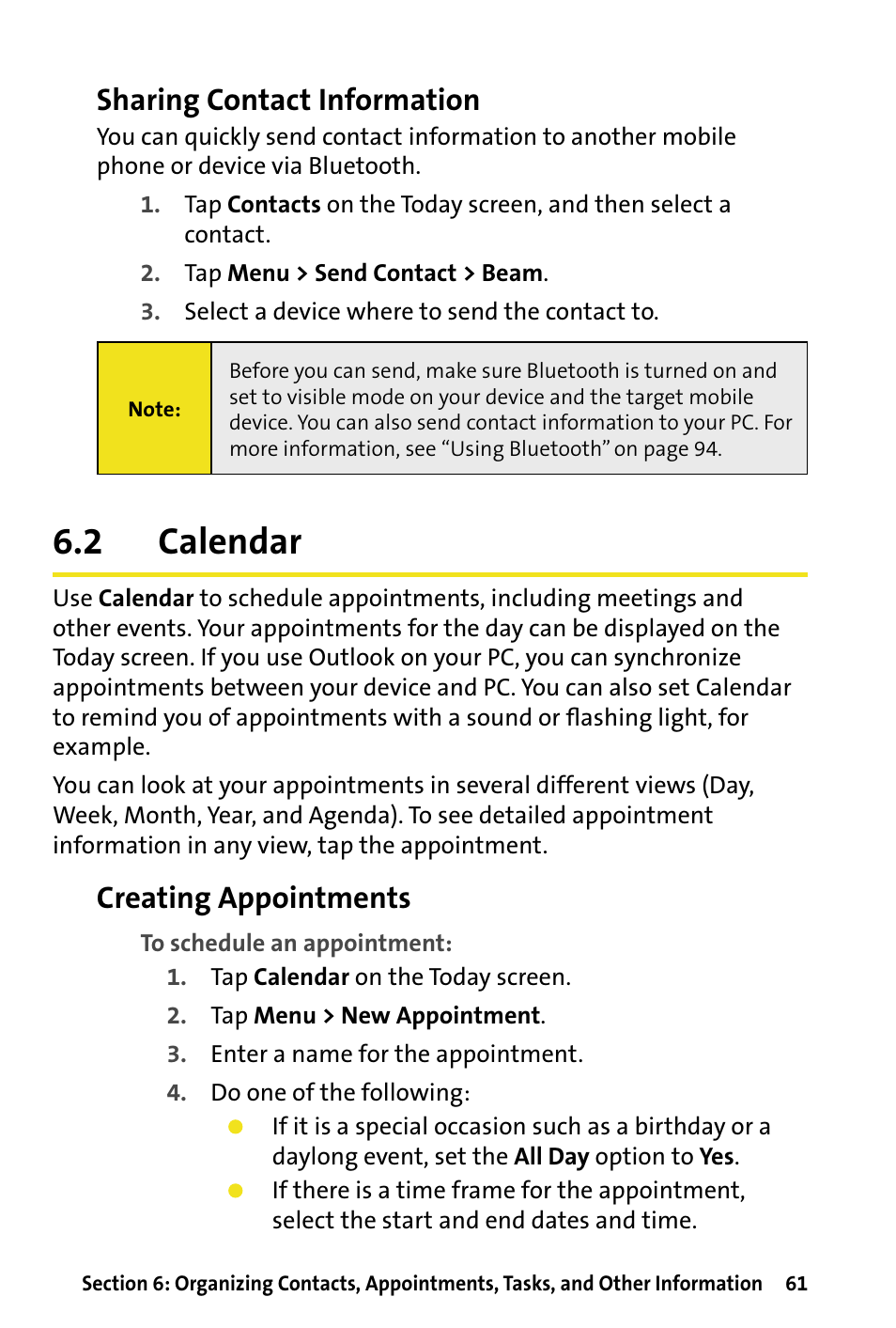 2 calendar, Calendar, Sharing contact information | Creating appointments | HTC Dash User Manual | Page 67 / 158