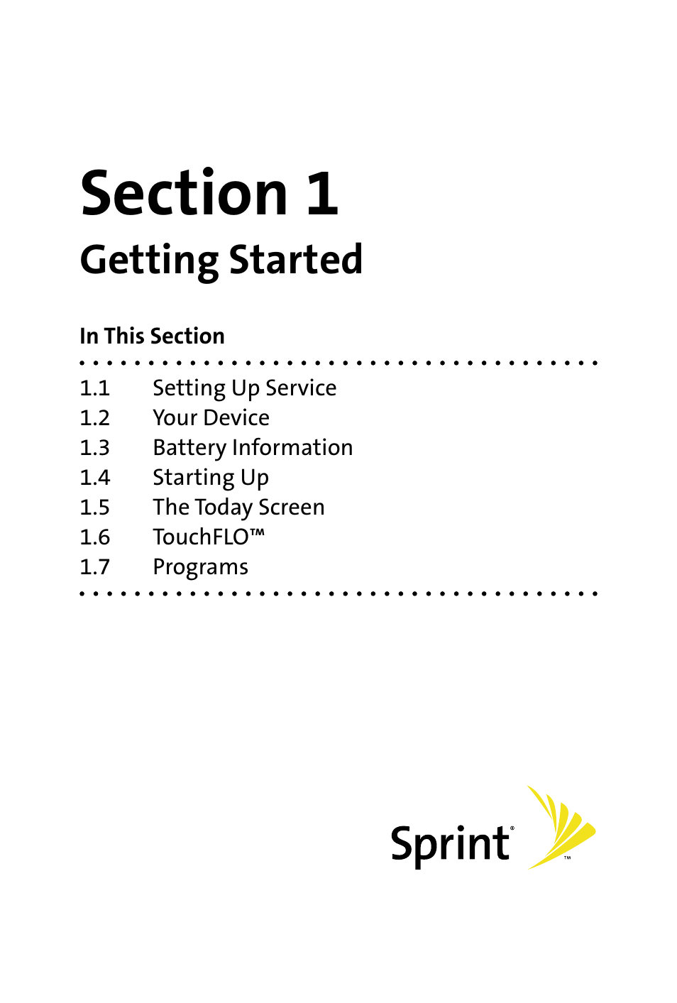 Section 1, Getting started | HTC Dash User Manual | Page 7 / 158