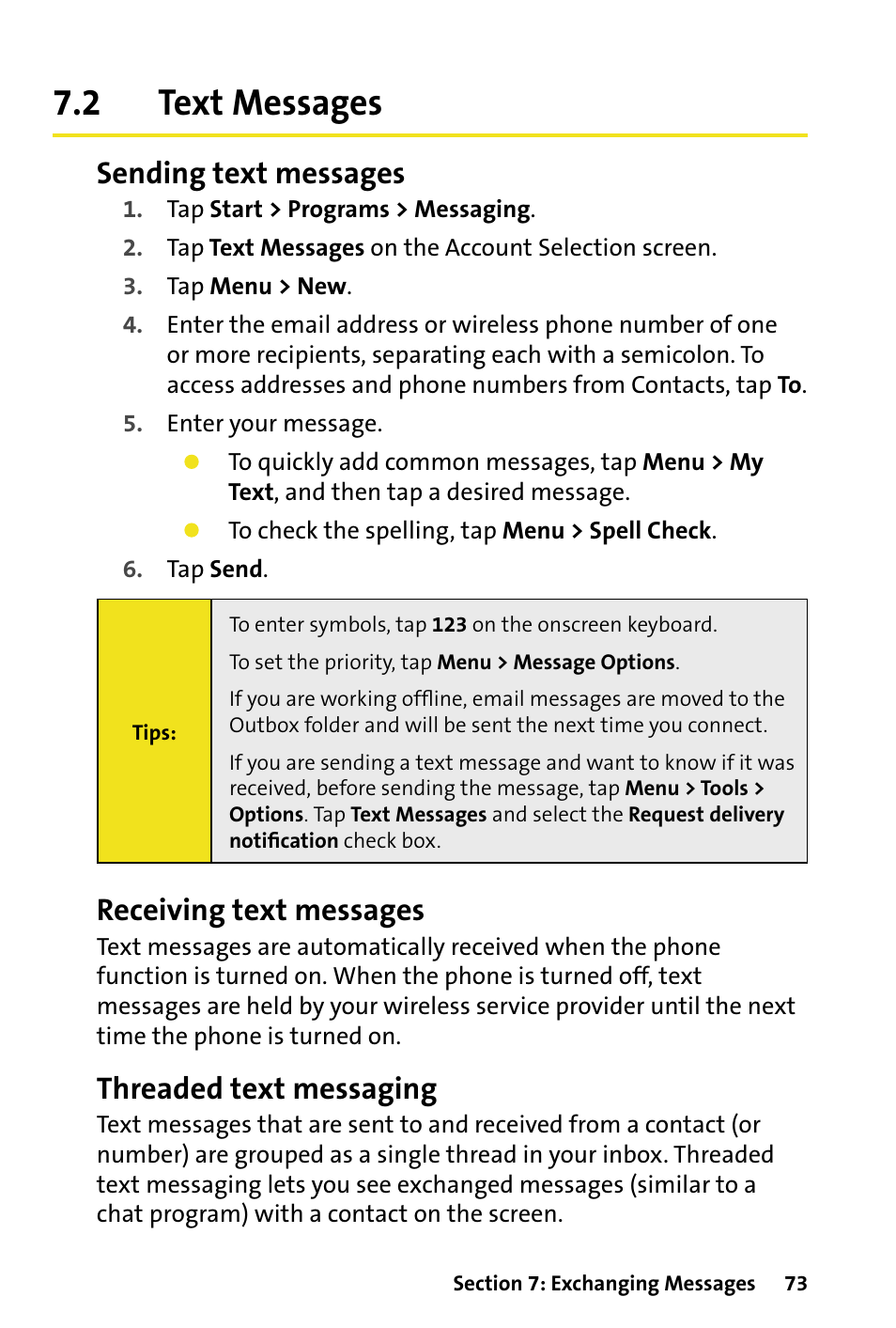 2 text messages, Text messages, Sending text messages | Receiving text messages, Threaded text messaging | HTC Dash User Manual | Page 79 / 158