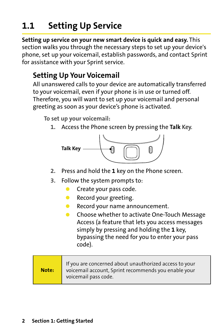 1 setting up service, Setting up service, Setting up your voicemail | HTC Dash User Manual | Page 8 / 158