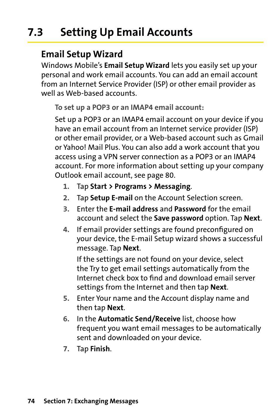 3 setting up email accounts, Setting up email accounts, Email setup wizard | HTC Dash User Manual | Page 80 / 158