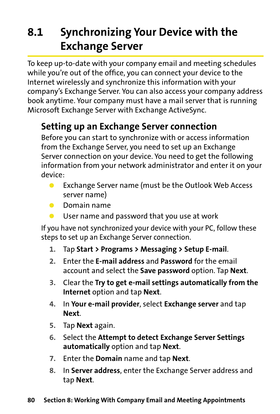 Synchronizing your device with the exchange server, Setting up an exchange server connection | HTC Dash User Manual | Page 86 / 158