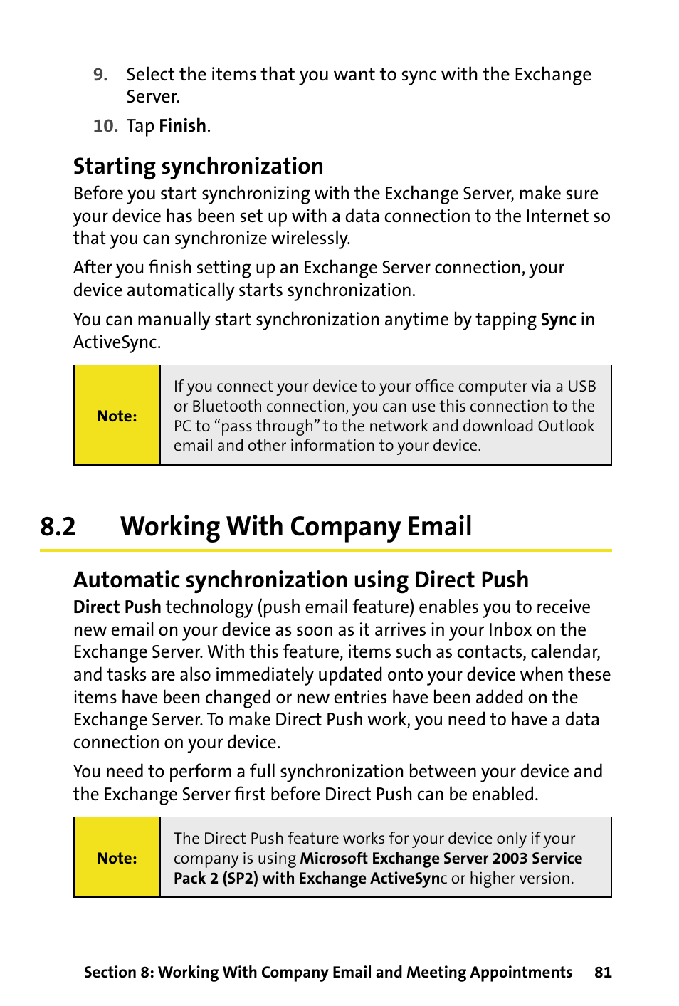 2 working with company email, Working with company email, Starting synchronization | Automatic synchronization using direct push | HTC Dash User Manual | Page 87 / 158