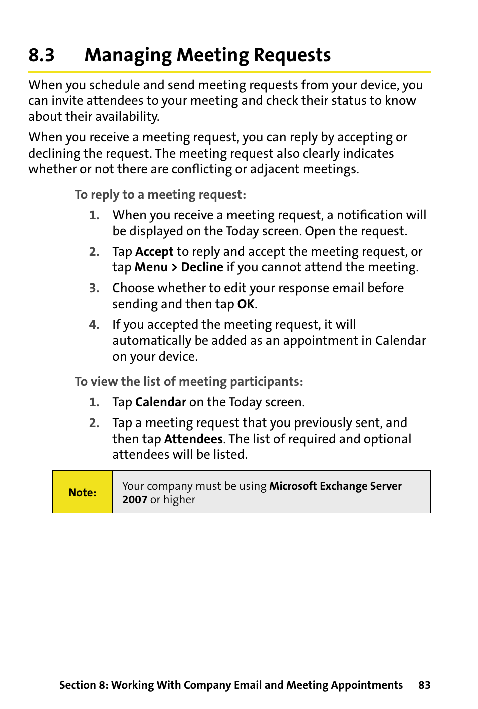 3 managing meeting requests, Managing meeting requests | HTC Dash User Manual | Page 89 / 158