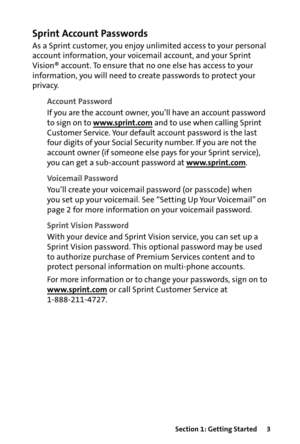 Sprint account passwords | HTC Dash User Manual | Page 9 / 158