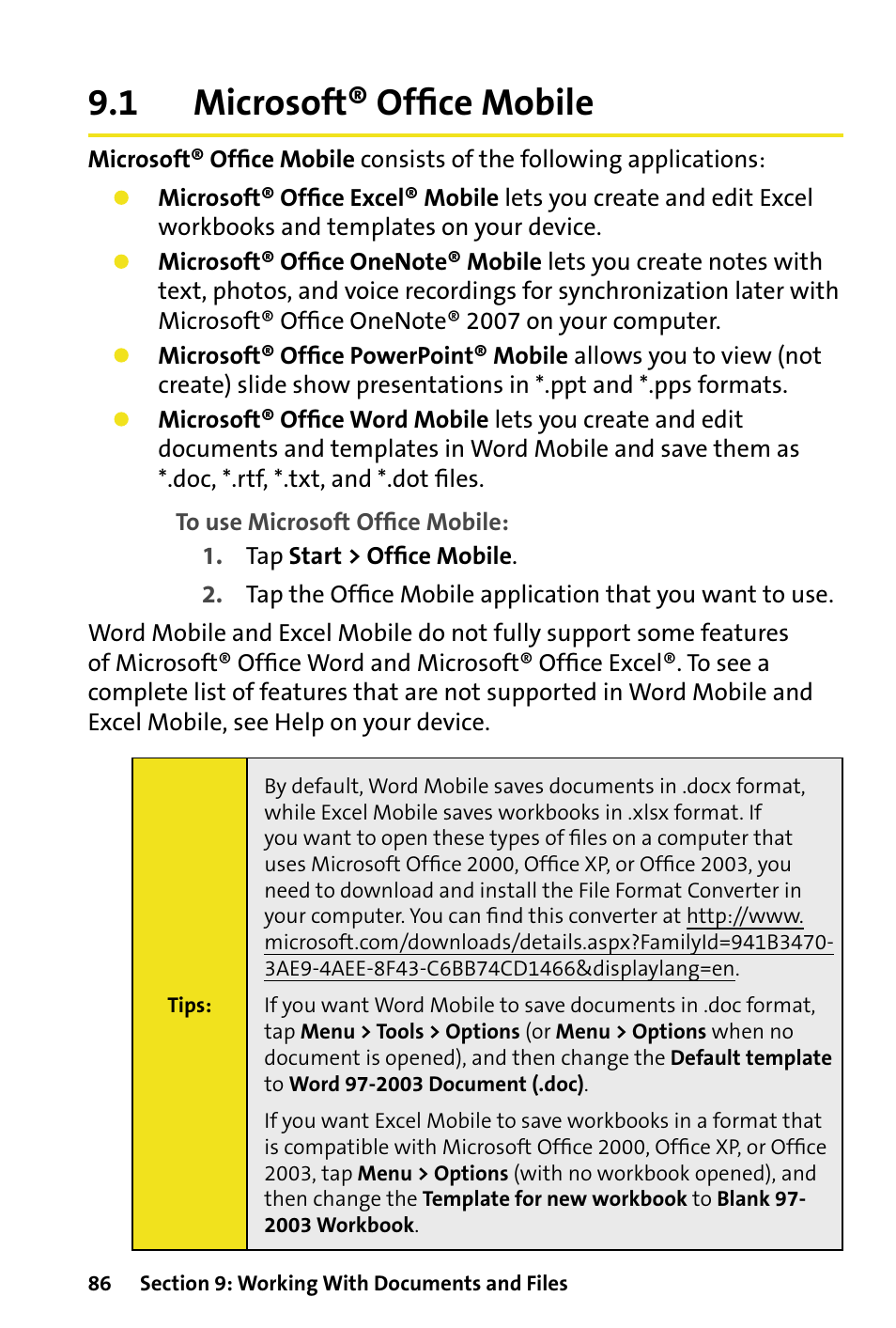 1 microsoft® office mobile, Microsoft® ofﬁce mobile, 1 microsoft® ofﬁce mobile | HTC Dash User Manual | Page 92 / 158