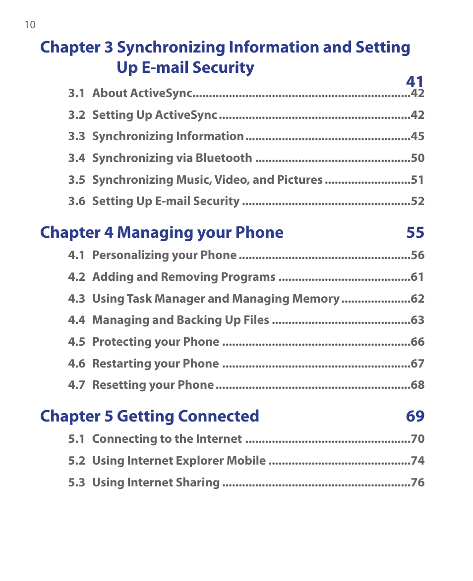 Chapter 4 managing your phone 55, Chapter 5 getting connected 69 | HTC S621 User Manual | Page 10 / 172