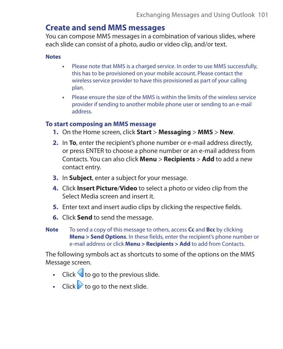 Create and send mms messages | HTC S621 User Manual | Page 101 / 172