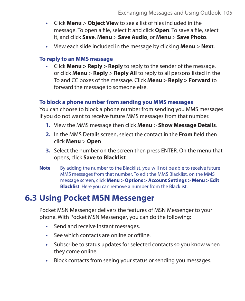 3 using pocket msn messenger | HTC S621 User Manual | Page 105 / 172