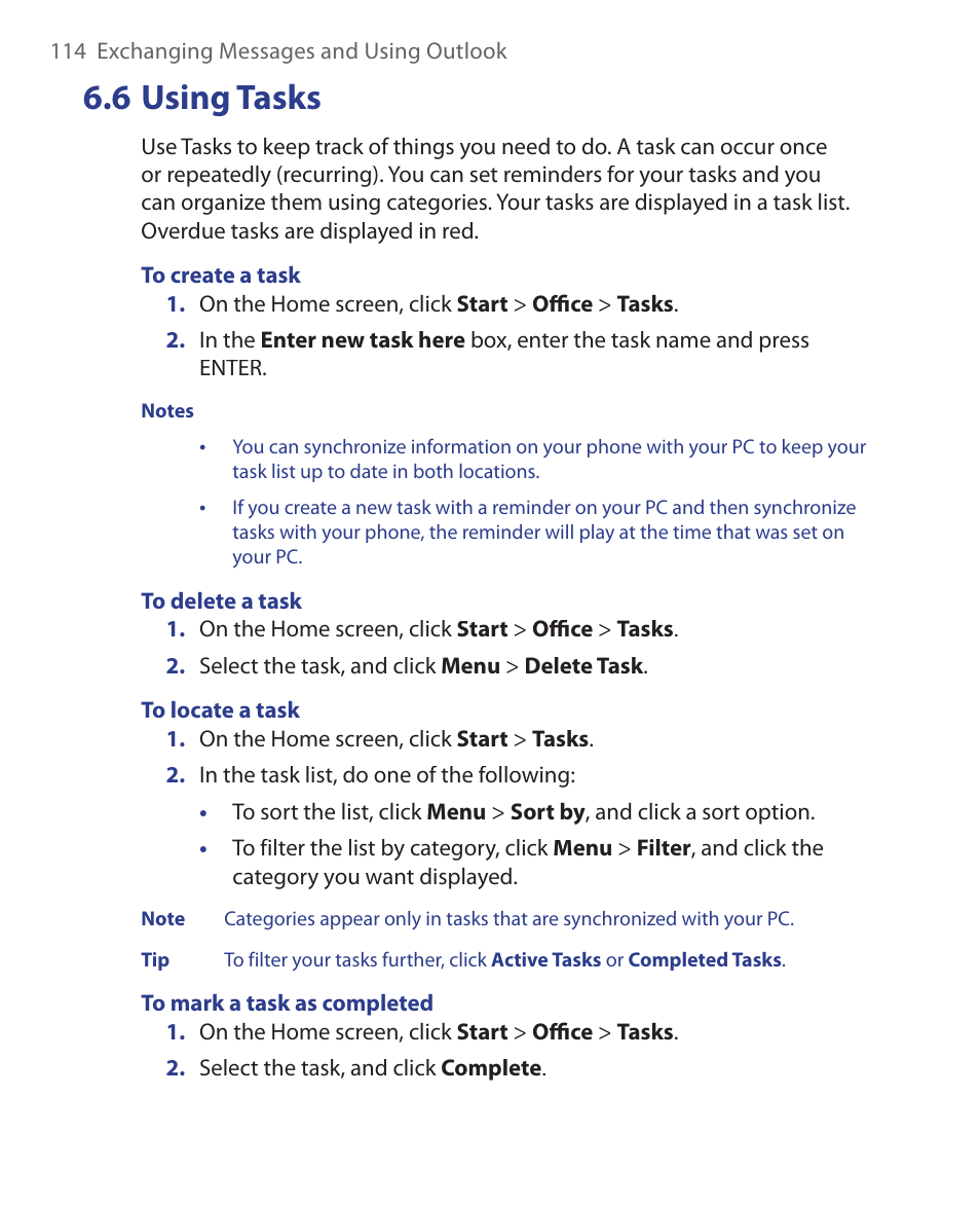 6 using tasks | HTC S621 User Manual | Page 114 / 172