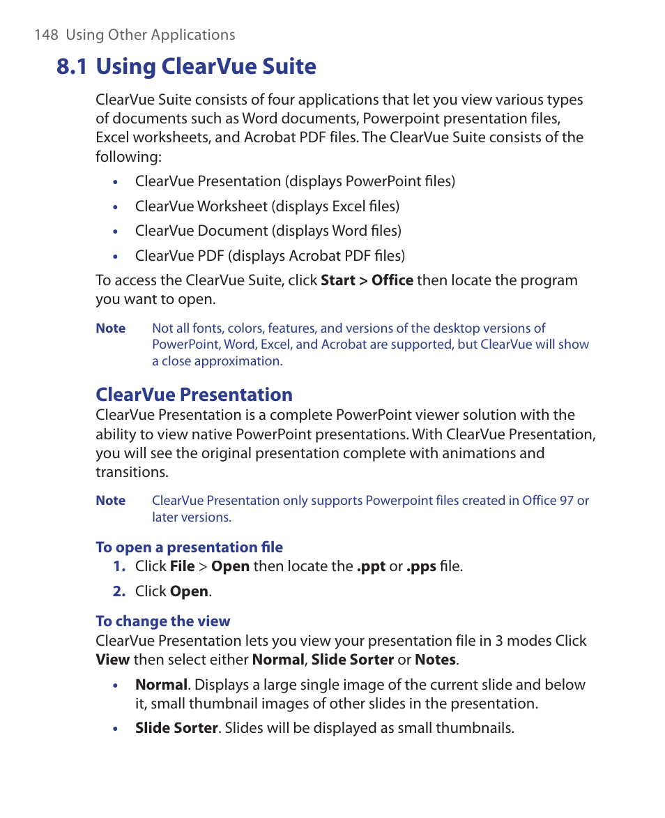 1 using clearvue suite, Clearvue presentation | HTC S621 User Manual | Page 148 / 172