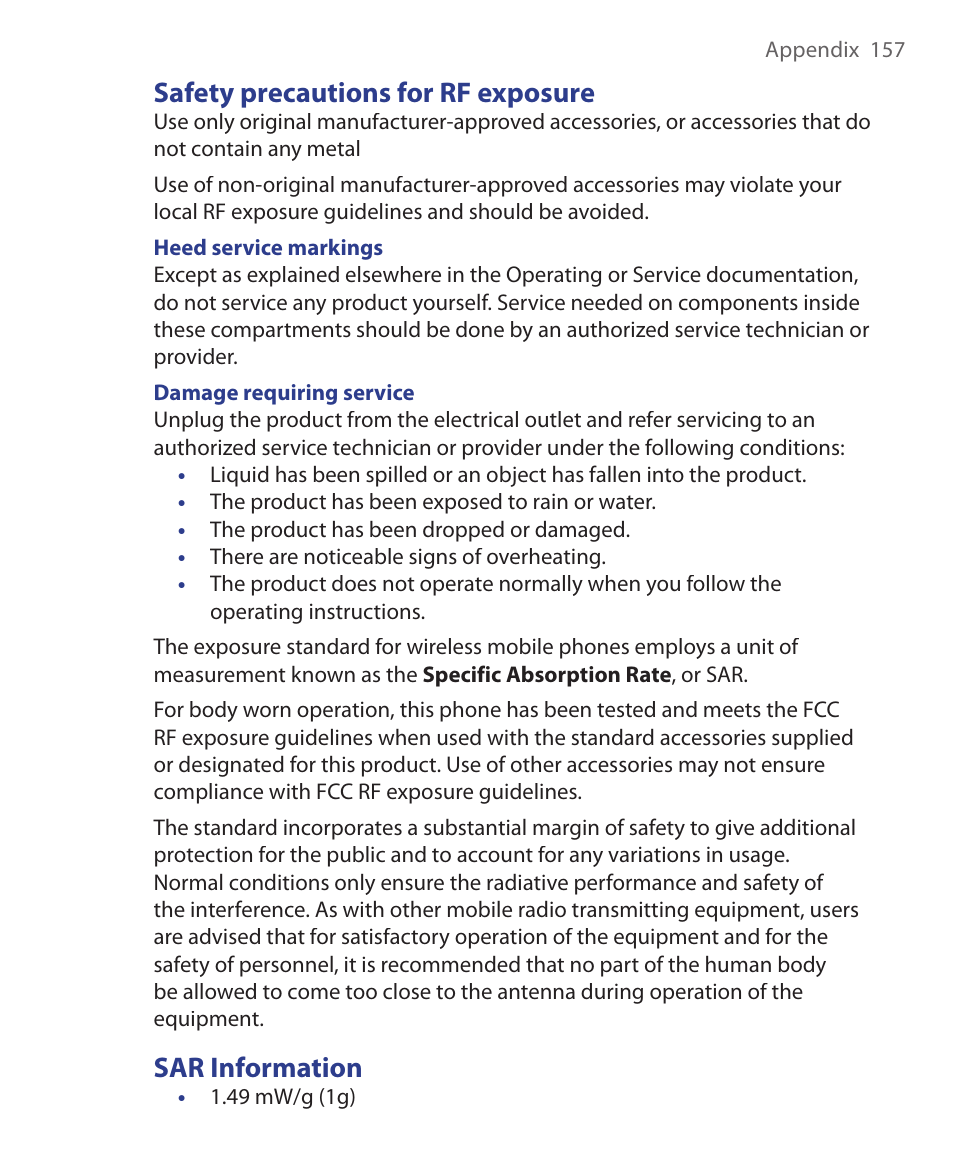 Safety precautions for rf exposure, Sar information | HTC S621 User Manual | Page 157 / 172