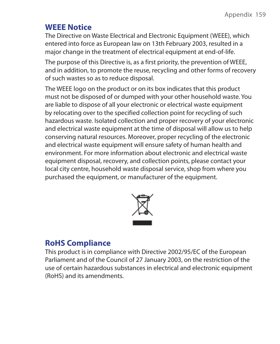 Weee notice, Rohs compliance | HTC S621 User Manual | Page 159 / 172