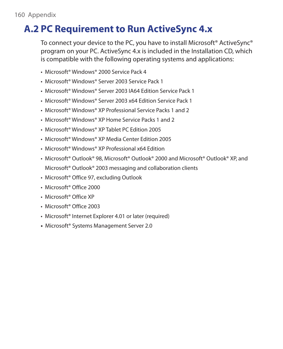 A.2 pc requirement to run activesync 4.x | HTC S621 User Manual | Page 160 / 172